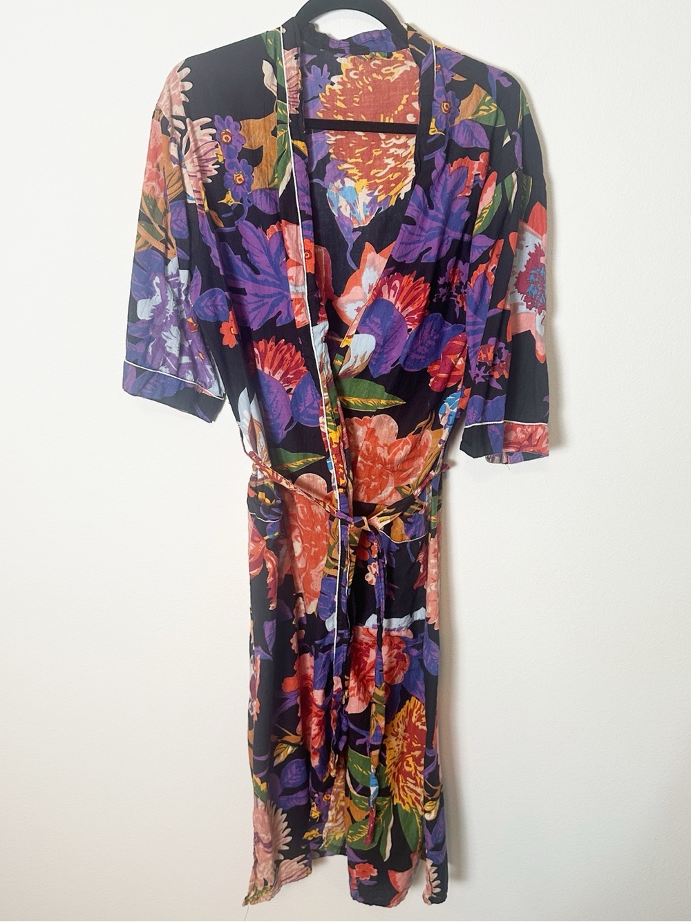 100% Cotton Block Print Floral Black Robe Pockets One Size